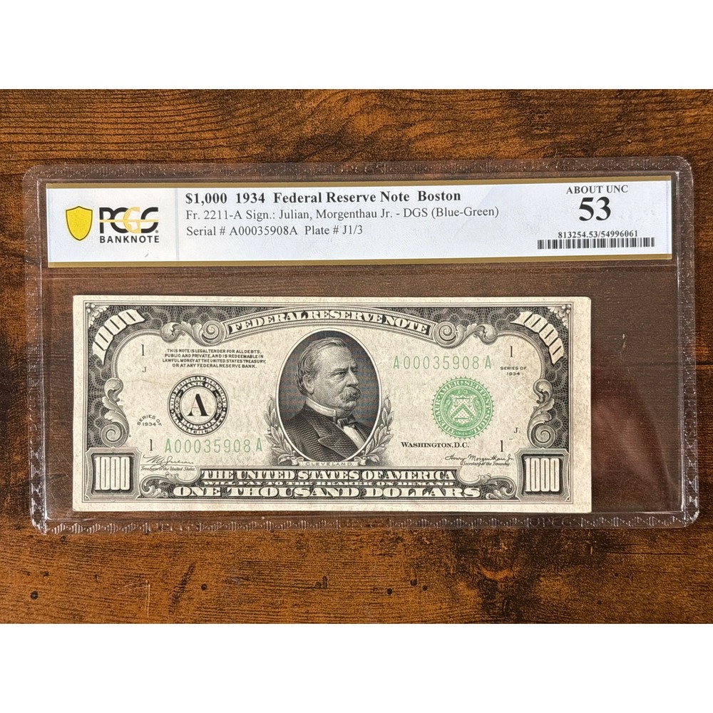 1934 $1000 Federal Reserve Note Boston Fr. 2211-A PCGS AU 53 Grover Cleveland